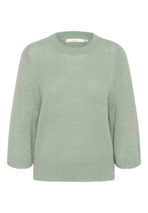 Mintgrüner Pullover aus strukturiertem Stoff, mit rundem Halsausschnitt, Dreiviertelärmeln und gerippten Bündchen und Saum.