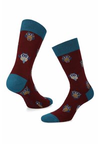 Skarpetki dziecięce w kolorze bordo z turkusowymi akcentami, z różnymi kreskówkowymi sowami w różnych pozach. Wykonane z miękkiego, elastycznego materiału.