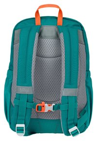 Zaino teal con schienale in rete grigia, spallacci imbottiti, dettagli arancioni e fibbie laterali regolabili. Tessuto a trama liscia.