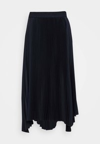 Černá skladaná sukně s elastickým pasem, s asymetrickým lemem. Vyrobena z lehkého materiálu s hladkou texturou.