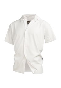 Korte mouwen witte shirt met subtiele verticale strepen, knopen aan de voorkant en een standaard kraag; gemaakt van lichtgewicht stof.