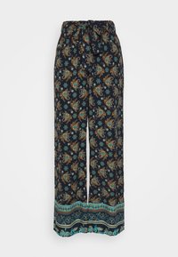 Námořnické kalhoty s širokými nohavicemi a květinovým vzorem v modrozelené a oranžové barvě. Mají stahovací pas a vzorovaný manžet na lemu.