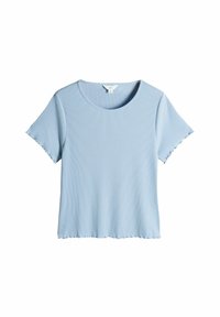 T-shirt rigato azzurro chiaro con scollo rotondo e maniche corte. L'orlo presenta un bordo scallop. Tessuto morbido, design casual.