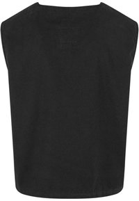 Czarny top bez rękawów wykonany z bawełny, o prostym kroju, okrągłym dekolcie i prostym wykończeniu, bez dodatkowych detali czy wzorów.
