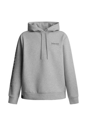 Sweat à capuche gris avec cordons, logo "Red Bull Racing" à l'avant et grand texte sur la manche gauche. Tissu doux, coupe décontractée, poche kangourou.