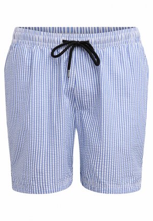 Shorts de bain rayés bleus et blancs avec un cordon de serrage à la taille, offrant une texture douce et une coupe droite, adaptés pour la baignade ou une tenue décontractée.