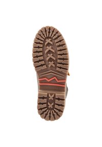 Semelle en caoutchouc brun avec un motif de semelle robuste. Comprend une section surélevée avec des lignes d'accent rouge et un logo. Convient à une utilisation en extérieur.