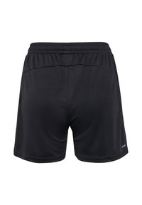 Shorts de sport noirs avec une taille élastique, fabriqués en tissu léger, présentant une texture lisse sans motifs ni accents visibles.