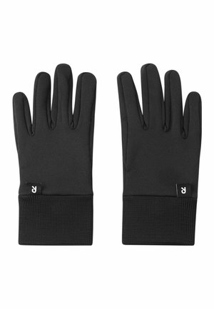 Czarne ocieplane rękawice z prążkowanymi mankietami, każda z małą materiałową metką z białym logo "R" na jednolitym białym tle.