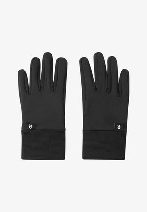Black insulated gloves with ribbed cuffs, each showing a small fabric tag with a white "R" logo on a plain white background.