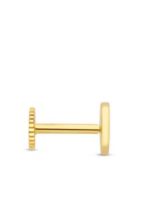 Bouton de manchette en or avec un visage lisse et rond, une prise texturée et un tige droite. Présente une finition brillante et un design minimaliste.