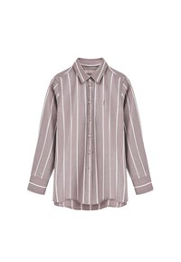 Lange mouw shirt in licht mauve met witte verticale strepen, knoopsluiting vooraan en een puntige kraag. Bevat een klein logo op de borst.