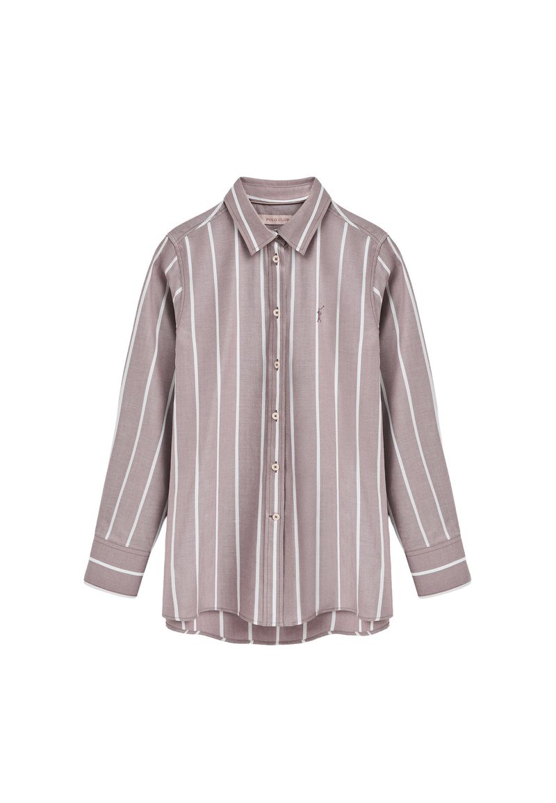 Lange mouw shirt in licht mauve met witte verticale strepen, knoopsluiting vooraan en een puntige kraag. Bevat een klein logo op de borst.