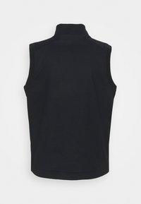 Black sleeveless vest, made of soft fabric, featuring a high collar, clean edges, and a smooth texture. Simple and unadorned design.