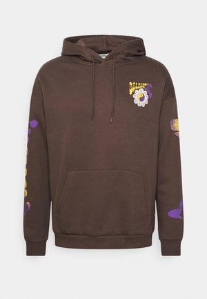 Brown hoodie made of cotton, featuring a front pocket, drawstring hood, and colorful graphic designs of a flower and abstract shapes on the sleeves.