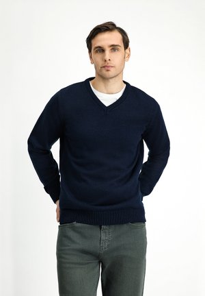 Marineblaues Strickpullover mit V-Ausschnitt, gerippten Bündchen und Saum. Über einem weißen T-Shirt getragen, kombiniert mit grünen Jeans. Einfaches, tailliertes Design.