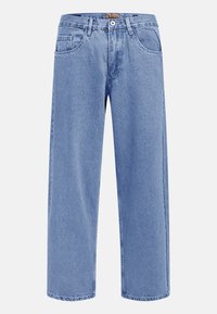 Φωτεινά γαλάζια τζιν παντελόνια ίσιας γραμμής με τσέπες μπροστά και πίσω, θηλιές για ζώνη και κλείσιμο με κουμπί στη μέση.