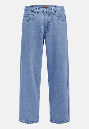 Φωτεινά γαλάζια τζιν παντελόνια ίσιας γραμμής με τσέπες μπροστά και πίσω, θηλιές για ζώνη και κλείσιμο με κουμπί στη μέση.