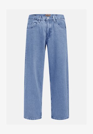 Jeans denim dritti color azzurro chiaro con tasche anteriori e posteriori, passanti per cintura e chiusura con bottone in vita.