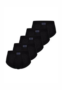 Zwarte katoenen boxershorts in een rij gerangschikt, met een gestructureerd ontwerp en een merklabel op de tailleband. Vijf paar inbegrepen.