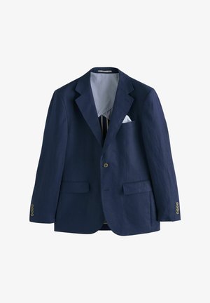 Marineblauwe blazer van gestructureerde stof, met een enkele knoop, twee voorzakken en een gestreepte voering met een witte pochet.