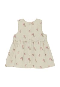 Vestito crema senza maniche per bambina con stampa floreale rosa, chiusura a bottoni sul retro e rifinitura in pizzo smerlata lungo la vita.