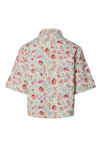 Chemise courte à manches courtes avec imprimé floral multicolore sur fond beige clair, vue de dos.