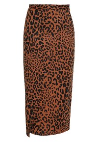 Midi sukně s leopardím potiskem v hnědé barvě s černými skvrnami. Hladká tkanina, přiléhavý střih, boční rozparek a vysoký pas.
