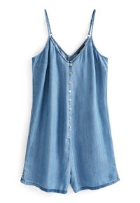 Jasnoniebieski kombinezon dżinsowy z cienkimi regulowanymi ramiączkami i pionowym rzędem guzików na środku przodu.