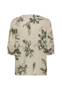 Blusa floreale in tessuto beige, con motivi di fiori verdi e turchesi. Vestibilità ampia, con maniche corte arricciate e orlo dritto.