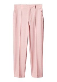 Light pink trousers with front pleats, belt loops, and side pockets. Made of smooth fabric, featuring a tailored fit and straight legs.