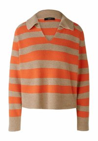 Gestreifter Pullover in kräftigen Orange- und Beigetönen, mit V-Ausschnitt und flachem Kragen. Das Material wirkt weich mit einer gerippten Textur.