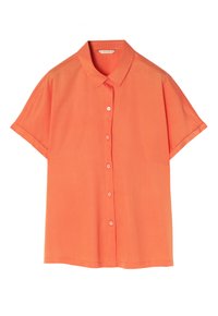 Camicia a maniche corte con bottoni in tessuto arancione brillante. Presenta un colletto classico e una superficie liscia con un orlo dritto.