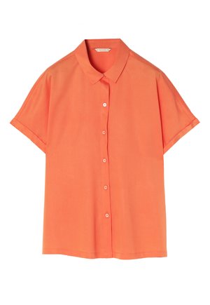 Camisa de manga corta, abotonada, en tela de un vibrante color naranja. Presenta un cuello clásico y una textura suave con un dobladillo recto.