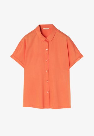 Chemise à manches courtes, à boutons, en tissu orange vif. Dotée d'un col classique et d'une texture lisse avec un ourlet droit.