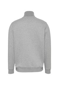 Sudadera de manga larga en gris claro, de corte sencillo, con cuello alto con canalé, puños y dobladillo, mostrado desde la parte de atrás sobre un fondo blanco.