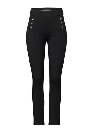 Černé legíny s hladkou texturou, vysokým pasem a dekorativními knoflíky po stranách. Přiléhavý střih, elastický materiál pro pohodlí.