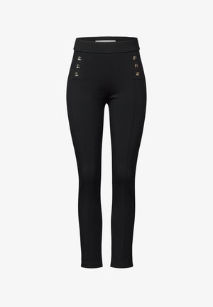 Černé legíny s hladkou texturou, vysokým pasem a dekorativními knoflíky po stranách. Přiléhavý střih, elastický materiál pro pohodlí.