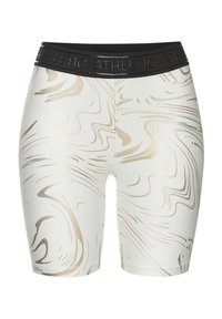 White athletic shorts with gold swirl pattern, featuring a black elastic waistband embossed with "ATHLETIC." Smooth, fitted design.
