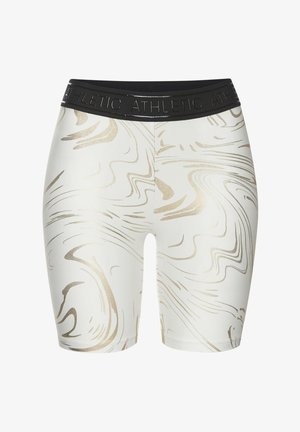 Weiße Sportshorts mit goldenen Wirbelmustern, ausgestattet mit einem schwarzen, elastischen Bund, auf dem "ATHLETIC" geprägt ist. Glattes, eng anliegendes Design.