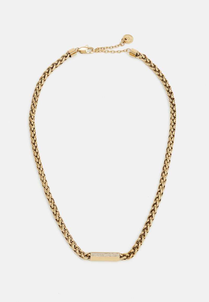 Gouden ketting met schakels die in elkaar grijpen, een kleine getextureerde accentplaat en een lobsterclasp met een verstelbare verlengketa.