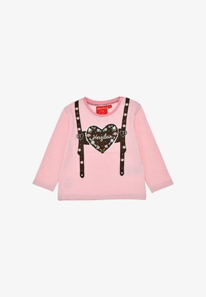 Pink long-sleeve shirt with white stripes, heart design featuring "Herzelin," brown printed suspenders, flower accents, round neck.