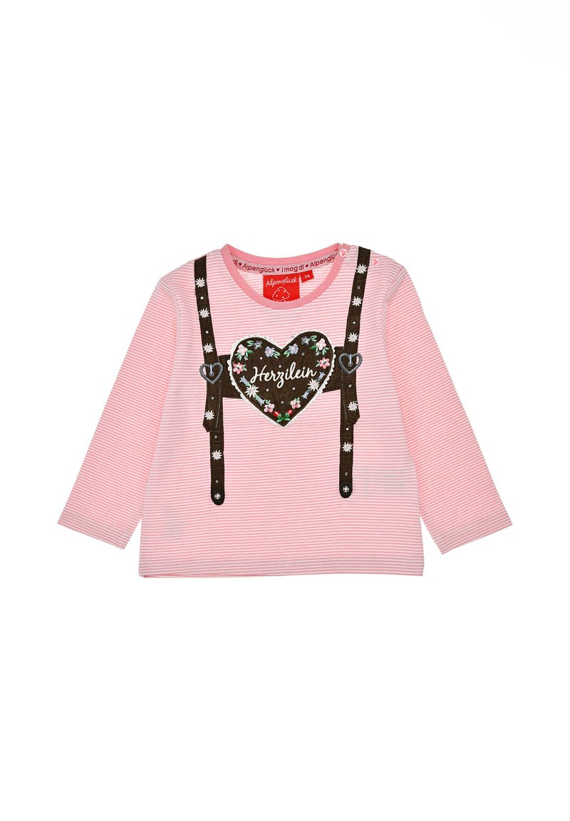 Rosa Langarmshirt mit weißen Streifen, Herzdesign mit "Herzelin", braune bedruckte Hosenträger, Blumenakzente, runder Ausschnitt.