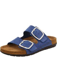 Sandal in pelle scamosciata blu con due ampie cinghie e fibbie argentate, un sottopiede in sughero imbottito e una suola in gomma nera texturizzata.