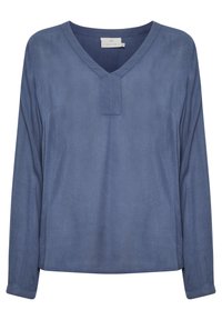 Blaue Bluse mit langen Ärmeln, V-Ausschnitt und einem kleinen mittigen Knopfverschluss. Hergestellt aus glattem Stoff, mit lockerem Schnitt und geknöpften Ärmeln.