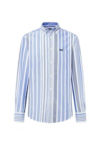 Langärmeliges Button-Down-Hemd in hellblau, dunkelblau und weißen Streifen, mit einer Brusttasche und gestreiften Ärmelbündchen.