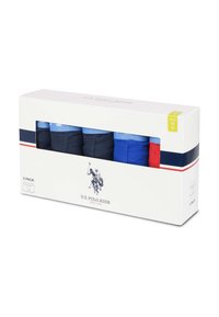 Pack of five U.S. Polo Assn. men's underwear in blue, navy, and red, size medium, in white packaging with brand logo and size label.