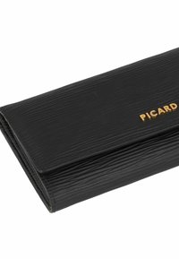 Portefeuille en cuir noir avec une texture rainurée, doté d'une fermeture magnétique et du logo doré "PICARD" à l'avant. Design compact et élégant.