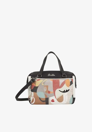 Borsa rettangolare con manici e tracolla neri, con arte astratta multicolore del volto e il nome del marchio "Anekke" in alto.