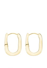 Goldfarbene Hängeohrringe in rechteckiger, abgerundeter Form. Glatte, glänzende Oberfläche mit sicherem Schnappverschluss.